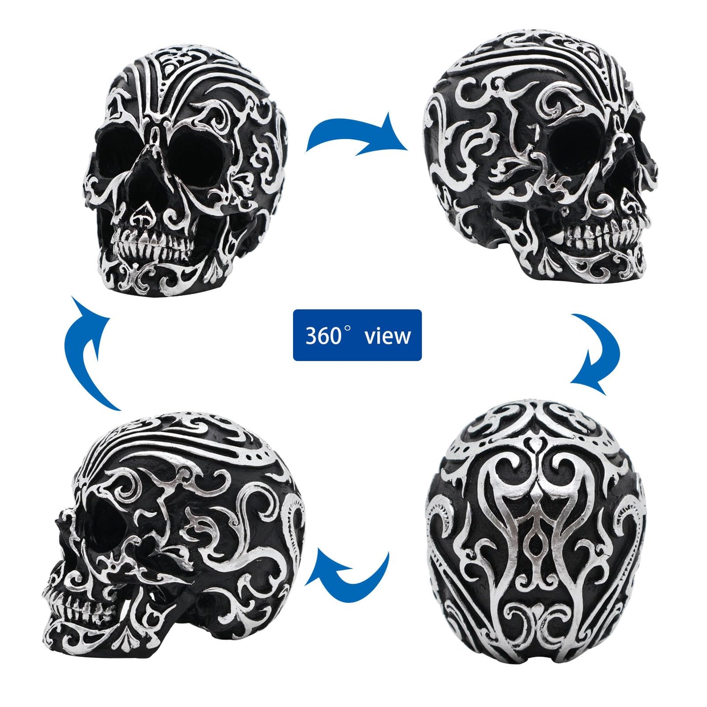 Kreovaor Gothic Skull Head Home Decor - 5.2 Inch Gothic Skeleton Skull Decor with Silver Patterns, Halloween Skull Decoration for Home, Office Desk, and Spooky Party Decor