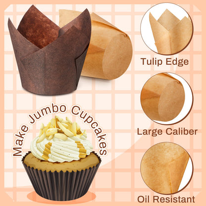 Motiskyy 300 Pcs Jumbo Muffin Liners for Baking 2-1/4" x 4" Large Tulip Cupcake Liners Greaseproof Cupcake Wrapper Paper for Weddings Birthday Christmas Anniversaries Party (Light Brown,White,Brown)