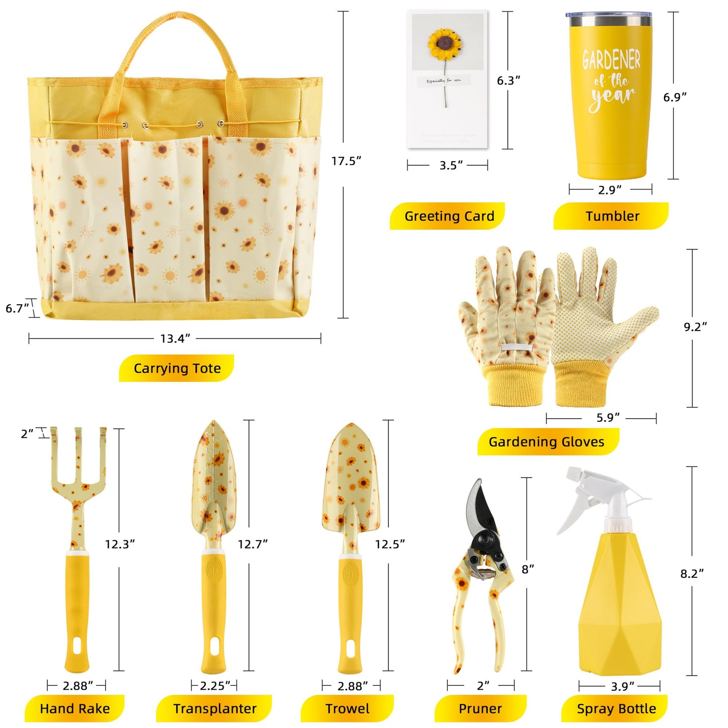 Garden Tool Set with Sunflower Print, Heavy Duty Gardening Hand Tools with Garden Tool Bag,Gardening Gifts for Women&Men,Yellow