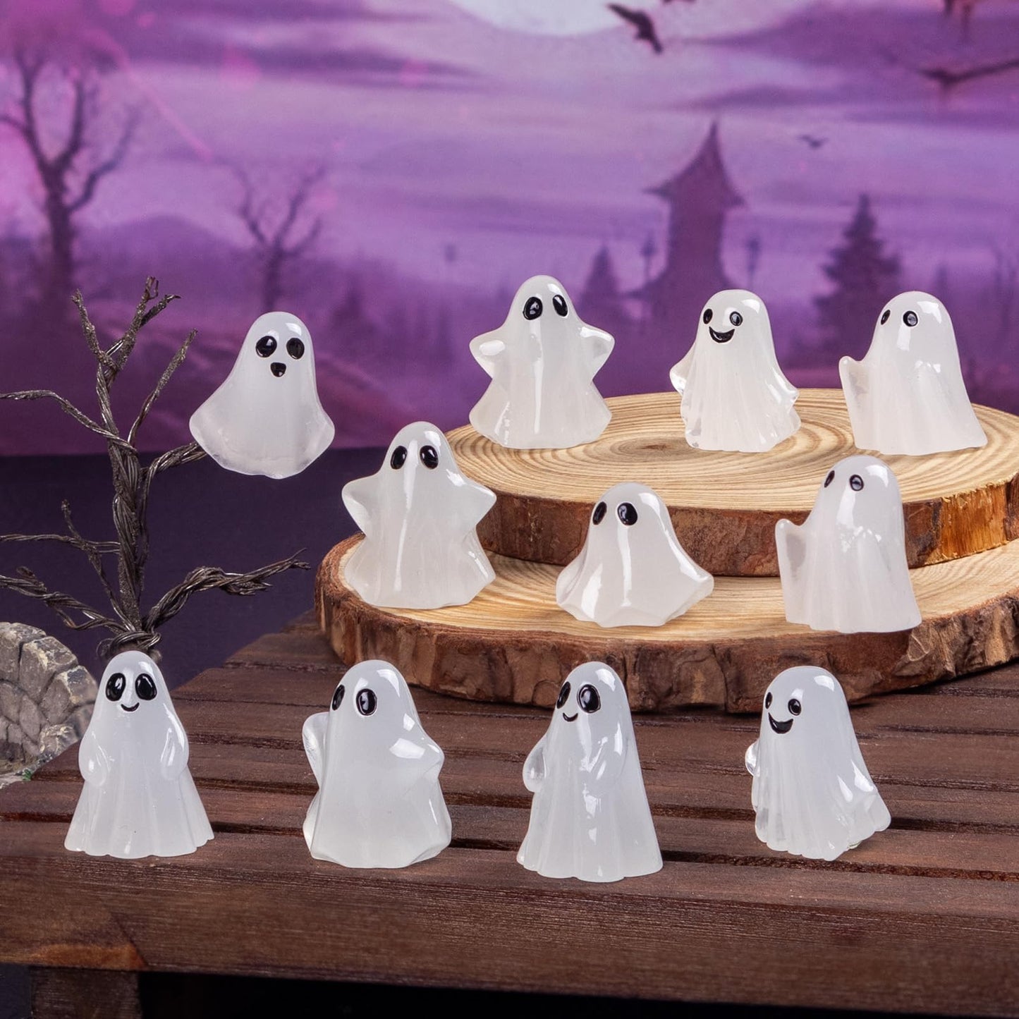 Cutecutedy 60Pcs Mini Resin Ghost Figurines,Tiny Little Ghosts for Halloween Decor,Cute Spooky Vase Filler,Tiered Tray & Table Centerpiece,Miniature Party Favors,Home Decor（Luminous）