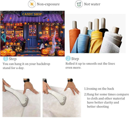Halloween Candy Shop Backdrop Magic Witch Pumpkin Shop Maple Leaves Photography Background Halloween Pumpkin Lantern Night Theme Party Decorations Banner (8X6FT(94 x 70 inch))