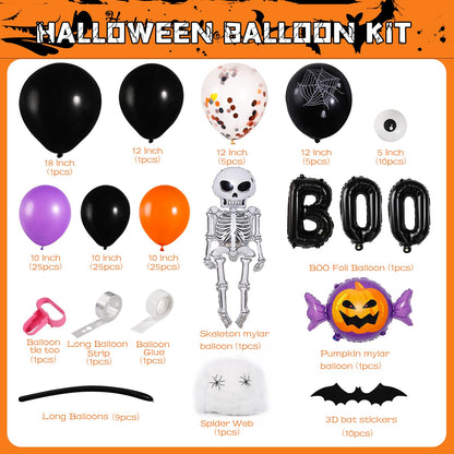 Garma Halloween Balloons Garland Arch Kit, 129pcs Black Orange Purple Balloon Decorations with Confetti Balloon Pumpkin Skeleton BOO Foil Balloons for Halloween Decorations Outdoor Party Supplies