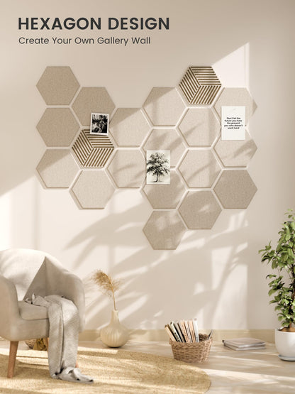 Fluxynara Hexagon Cork Board Alternative for Walls Decor-10-Pack Felt Bulletin Board Tiles,with 30 Pushpins,50 Adhesive Tabs for Office,Classrooms & Home Pin Board Felt Board-Oatmeal