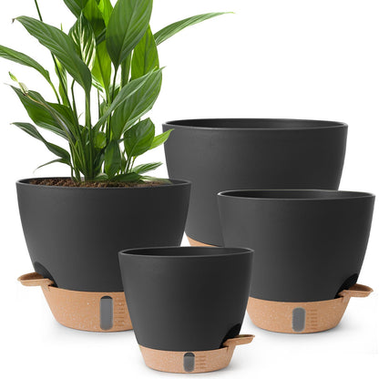 WEICHENGXING Plant Pots,12/10/9/8/ Inch Large Plastic Self Watering Flower Pots Indoor Outdoor with Drainage Holes, Deep Reservoir,Nursery Planting Pot for Indoor Out Door Plants Black