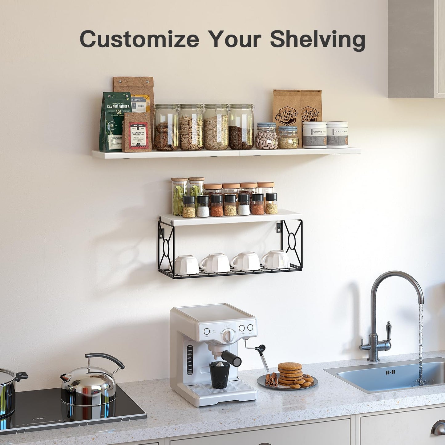 Amada Bathroom Shelves Over Toilet with Storage Basket, Floating Wall Shelves for Home Organization & Wall Decor, Bathroom/Kitchen/Living Room ShelvesBlack