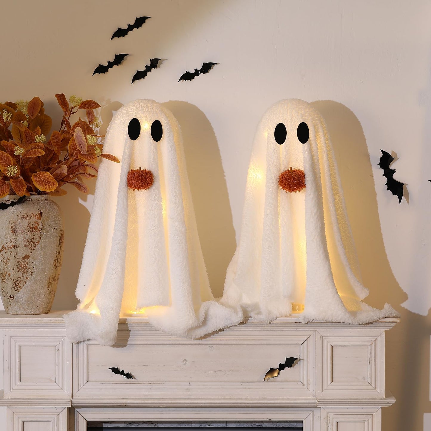 Halloween Decorations-2 Pack Light-Up Sherpa Ghosts with Pumpkin Halloween Decor Indoor Cute Ghost Tabletop Decor for Party Home Kitchen and Fireplace