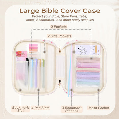 XKDOUS Bible Cover for Women Church Book Holder Quilted Carrying Case with Handle, Tabs, Study Supplies Portable Bible Bag Journaling Kit Christian Gifts for Mom Lady