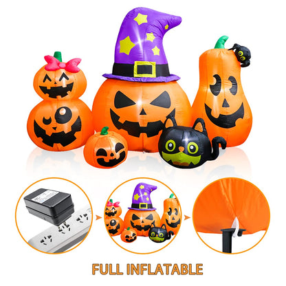 Meland 8FT Halloween Inflatable Pumpkins - Inflatable Halloween Pumpkin Lantern Family with Wizard Hat & Black Cat, Blow Up Outdoor Decor with Built-in LED Light for Yard Garden Lawn