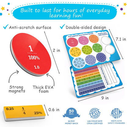 Simply magic 117 PCS Magnetic Fraction Puzzle with Tiles & Circles - Educational Fraction Magnets, Strips, Fraction Manipulatives with Decimals & Percentages for Elementary School & Homeschool