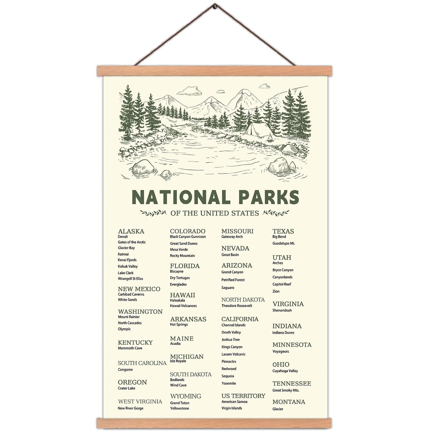 KAIRNE US National Park Checklist Poster,Park Posters for Travel Sign With Wooden Hanging Framed(28CMx46CM),Inspirational Rustic Decor,National Park Map Posters Gift for Hiker or National Park Lover