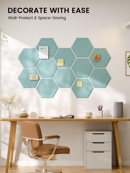 Fluxynara Hexagon Cork Board Alternative for Walls Decor-12-Pack Felt Bulletin Board Tiles,with 30 Pushpins,70 Adhesive Tabs for Office,Classrooms & Home Pin Board Felt Board-Teal Blue