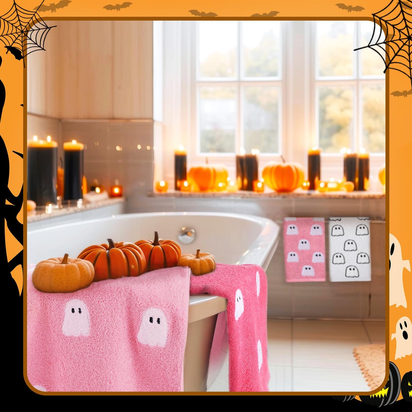 Oudain 3 Pcs Pink Ghost Hand Towels for Bathroom 100% Cotton Pink Halloween Embroidered Decorative Towels Cute Kitchen Gifts for Halloween Bath Shower Decors Housewarming 13.7 x 29.5 Inch