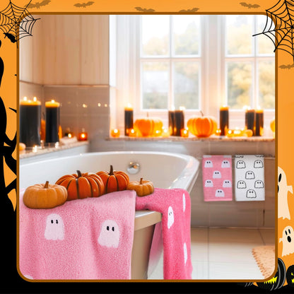 Oudain 3 Pcs Pink Ghost Hand Towels for Bathroom 100% Cotton Pink Halloween Embroidered Decorative Towels Cute Kitchen Gifts for Halloween Bath Shower Decors Housewarming 13.7 x 29.5 Inch