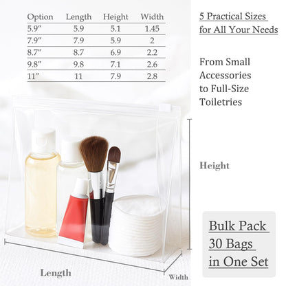Circloophs Mini Clear Makeup Bag, 30 Pack Small Cosmetic Bags with Zipper TSA Approved Travel Bags Bulk for Toiletrie Plastic EVA Water-resistant Reusable Pouche for Bathing Suit Bikini, 6"x 5"x 1.5"
