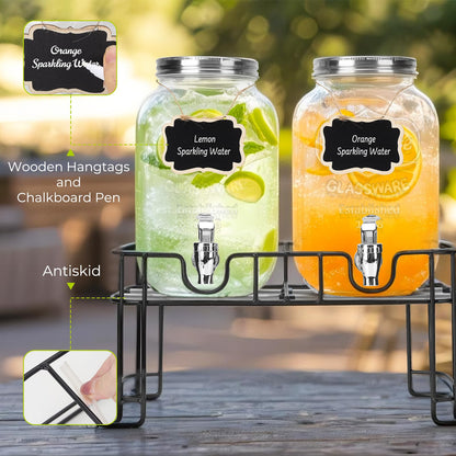 DHSBTLS 1 Gallon Glass Drink Dispensers, 2 Pack Clear Beverage Dispenser for Party, BBQ and Picnic, Juice Dispenser with Ice Core, Black Stand, Spigot, Markers and Chalkboard