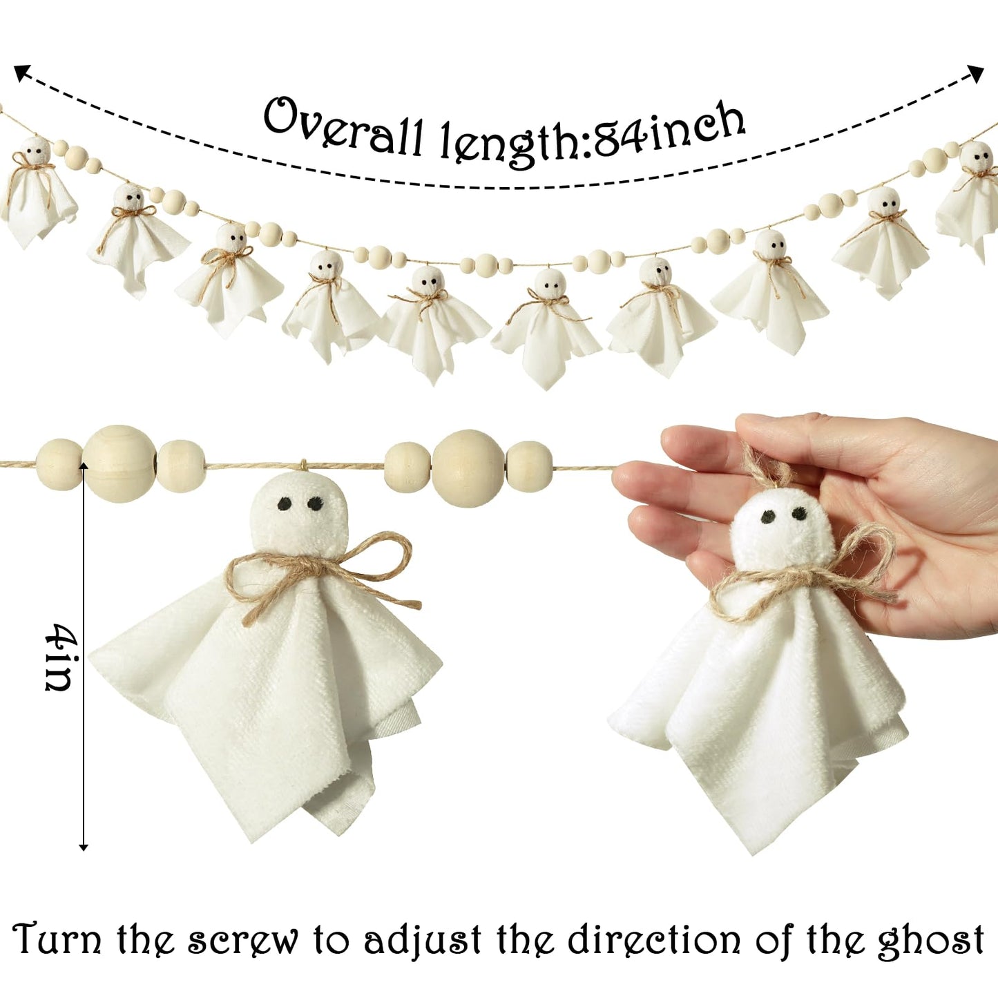 Bunny Chorus Ghost Halloween Banner: 1pc White Ghost Halloween Party Banner with Wood Beads, Cute Ghosts Halloween Garland Halloween Banner Decorations for Home Wall Mantel Doorways Front Decor