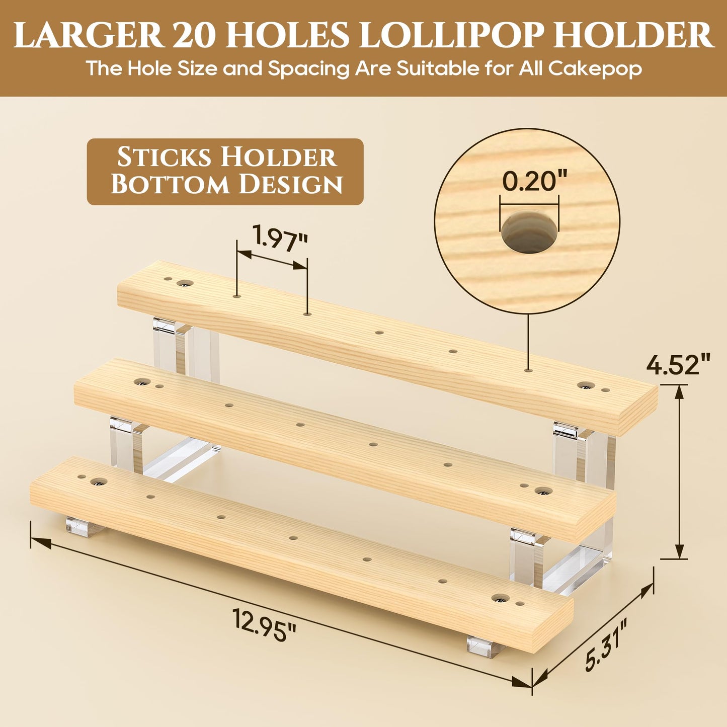 DEMEGA Cake Pop Stand Display Riser - 3 Tier Wood Lollipop Holder, 20 Holes Acrylic Pine Wood Candy Pop Holder Display for Dessert Table Weddings Birthday Parties Halloween Candy Decorative