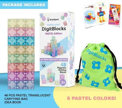48PCS Pastel Translucent DigitBlocks Magnetic Building Blocks for Kids Montessori STEM Toys for Boys Girls Ages 3-9 Includes Carrying Bag Idea Book Clear Magnet Cubes for Educational Learning Fun