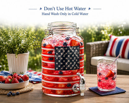 1 Gallon Glass Drink Dispenser with Spigot – 250 anniversary American Flag Beverage Dispenser, Leak-Proof, Airtight Lid, Large Mouth, Perfect for Parties, BBQs, Indoor & Outdoor Use, Hand Wash Only.
