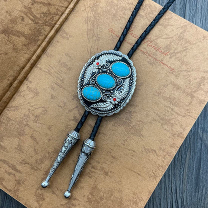 QUKE Vintage Native American Western Cowboy Three Blue Turquoise Stone Bolo Tie Hand-woven Leather Bola Tie Necktie for Men