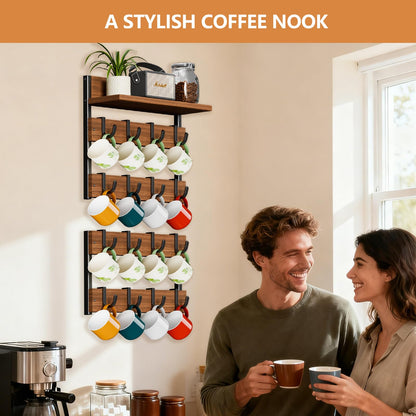 Dhmkfly 2-in-1 Coffee Cup Holder Wall Mounted, 4-Tier Coffee Mug Holder Wall Mount with 16 Adjustable Hooks and Display Shelf, Wooden Mug Rack Hanger Organizer for Home Kitchen Display and Collection