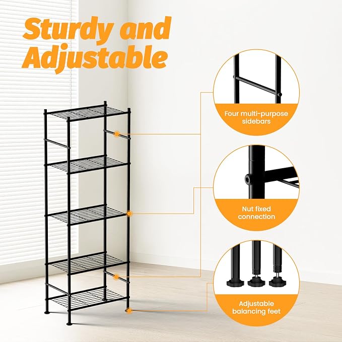 Abiglifty Storage Shelves, 5 Tier Metal Shelf Organizer, Garage Shelving with Adjustable Leveling Feet, Shelves Organizer for Bathroom, Closet, Garage, 18" x 12" x 57", Black