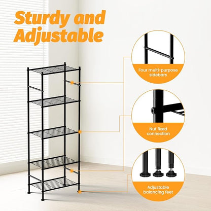Abiglifty Storage Shelves, 5 Tier Metal Shelf Organizer, Garage Shelving with Adjustable Leveling Feet, Shelves Organizer for Bathroom, Closet, Garage, 18" x 12" x 57", Black