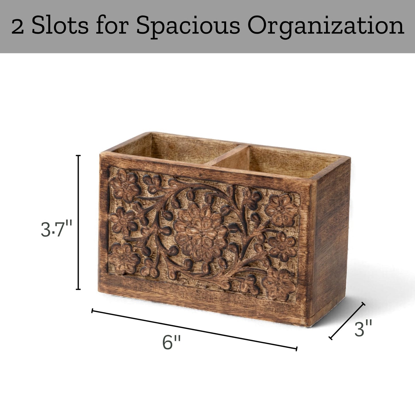 Mie Creations 2 Slot Rustic Pencil Holder Pen Stand for Desk Organizer | Handcarved Wooden Pen Holder for Desktop Table, Wood Office Accessories | Multipurpose School Stationery Craft Supplies 6''