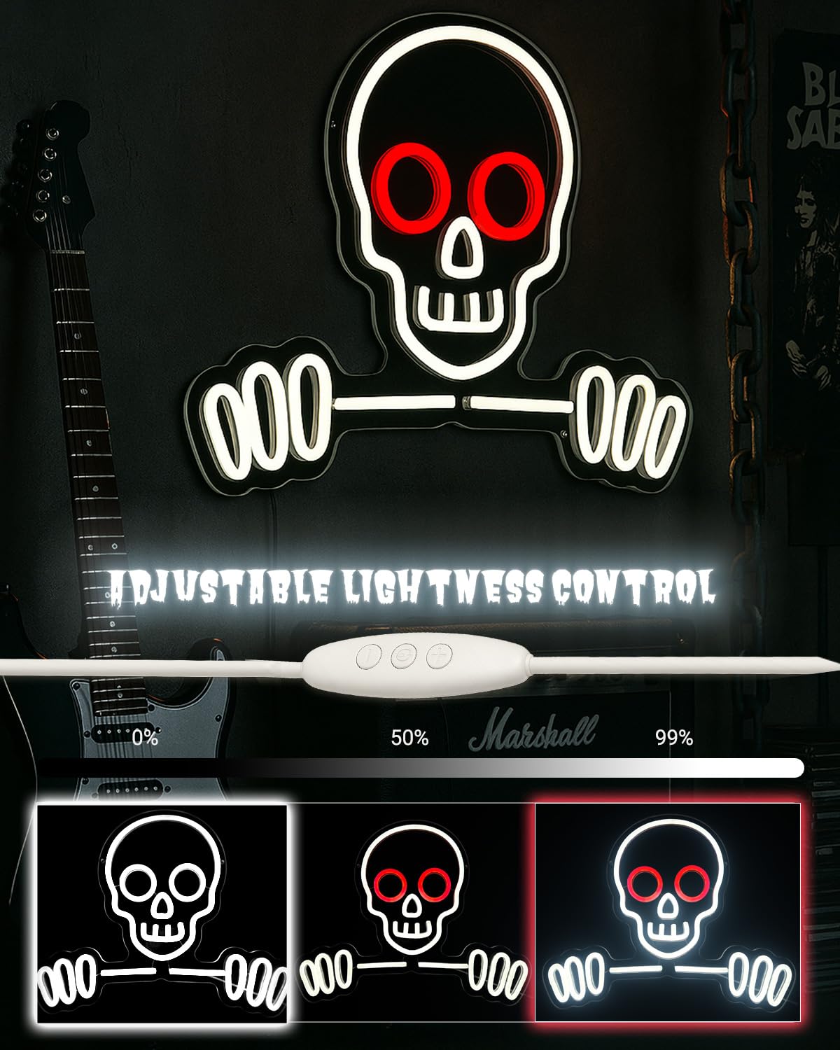 Skull & Skeleton Neon Sign, 16’’×12.6’’ Dimmable LED Wall Light, USB Powered Gothic Room Decor for Bedroom, Party, Bar, Game Room Halloween Christmas Gifts