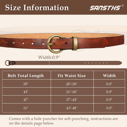 SANSTHS Womens Genuine Leather Belts for Jeans Pants Trendy Vintage Thin Leather Belt Gold Buckle Ladies Skinny Waist Belt,Cognac,M