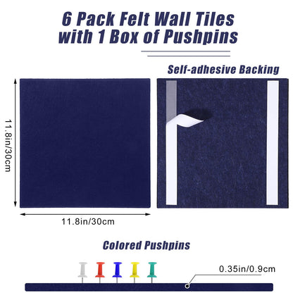 Large Cork Board 36" x 24", 6 Pack Felt Bulletin Board with 30 Pushpins, Cork Boards Alternative with Self-Adhesive Strips, Felt Wall Tiles Pin Boards for Walls Office Home School Decor-Dark Blue