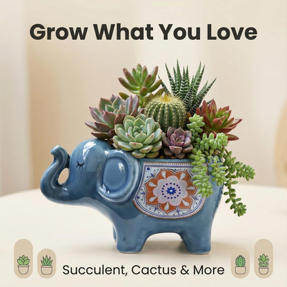 SUSOYAOCHEN Ceramic Succulent Planter, Animal Cactus Small Flower Pots with Drainage Cute Elephant Bonsai Pot for Desktop Windowsill Indoor Outdoor Decor (Dark Blue)