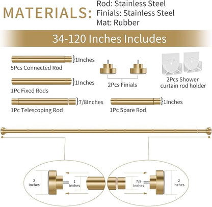 YNL Shower Curtain Rod 34-120 Inches, Adjustable Gold Shower Rod No Drilling, Non-Slip, Never Rust, Stainless Steel, Suitable for Bathroom Living Room, Gold