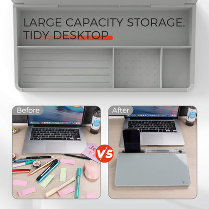 TOWON Small Compact Glass Desktop Whiteboard with Storage – 12 x 7 in Dry Erase Board for Desk, Home Office, School | Includes 5 Markers, Eraser & Holder | Space-Saving Organizer, Aesthetic Gray