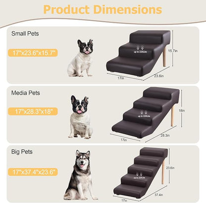 3-Step 15.7" H Dog Stairs for Bed Couch, Waterproof & Scratch PU Leather Pet Steps for Small Dogs and Cats, Dog Ramp with 220 lbs Maximum, Oak Leg & Solid Wood, Non-Slip Feet Brown