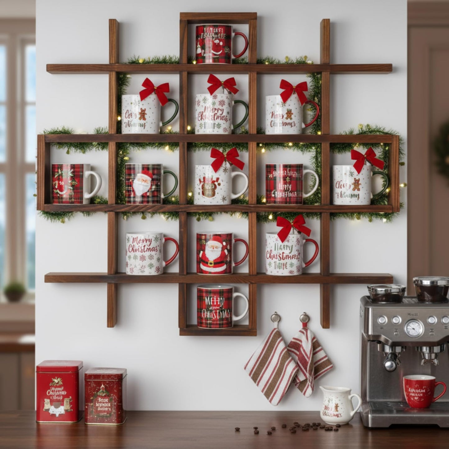 Suzile Oversize Coffee Mug Display Rack Wooden Display Shelves Rustic Wooden Floating Curio Shelf Travel Wall Mounted Coffee Mug Rack Holder Shadow Box Shelf(Grid Size 5.1x5.1x3in,Rustic Brown)
