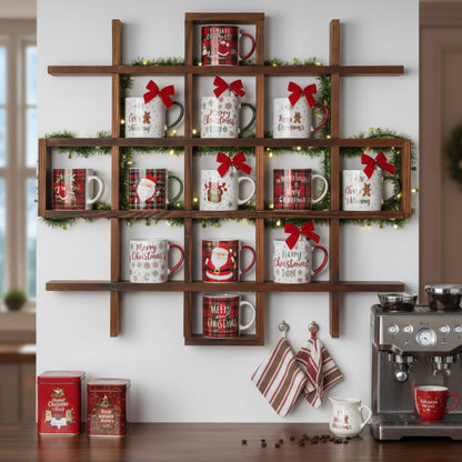Suzile Oversize Coffee Mug Display Rack Wooden Display Shelves Rustic Wooden Floating Curio Shelf Travel Wall Mounted Coffee Mug Rack Holder Shadow Box Shelf(Grid Size 5.1x5.1x3in,Rustic Brown)