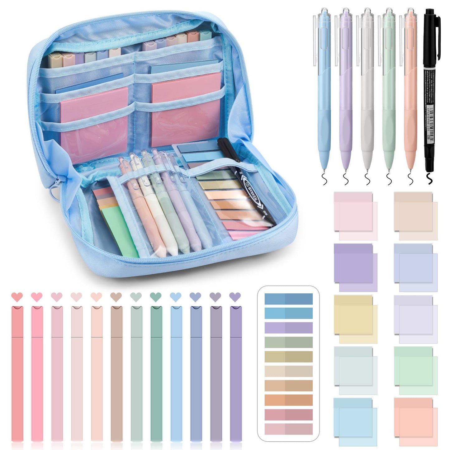 Jutom 39 Pcs Aesthetic Book Annotation Kit Highlighter with Pencil Case Bag Gel Pen Transparent Sticky Note Taking Bible Study College School Supplies(Blue,Kawaii Style)