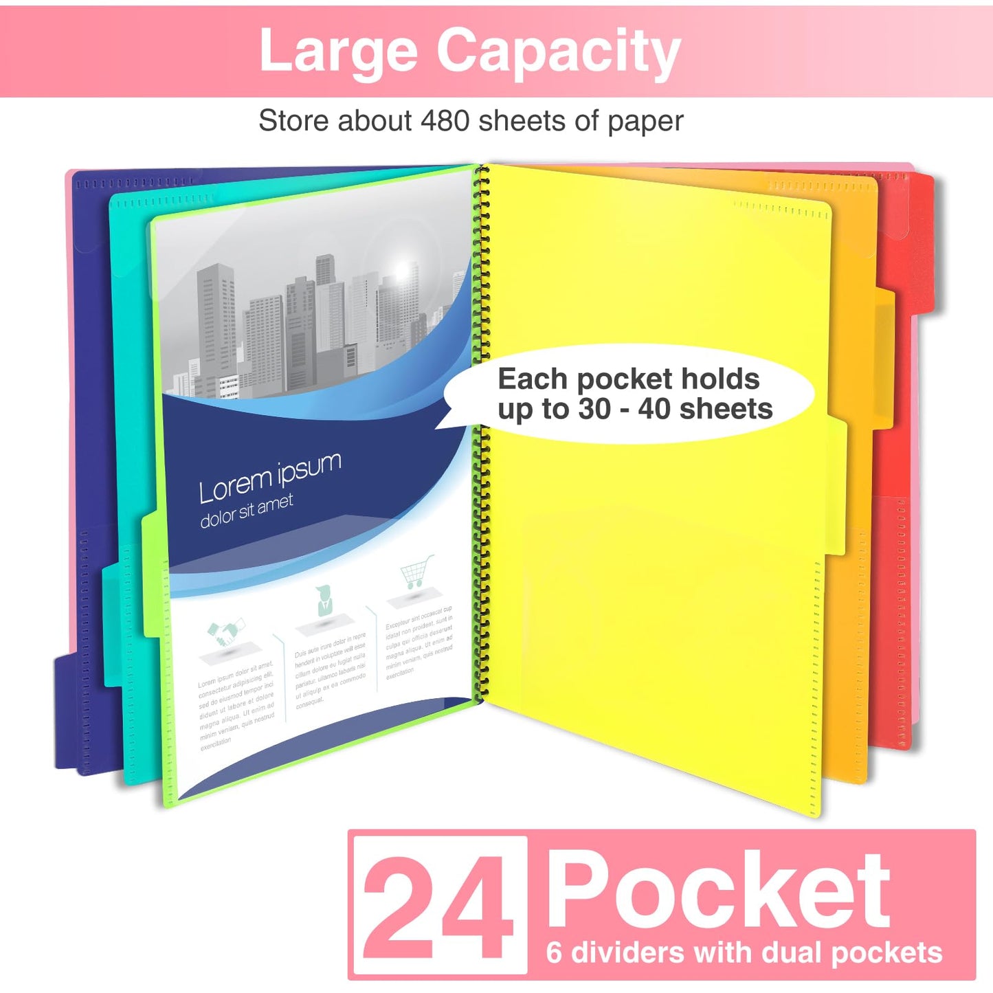 Forvencer 24 Pocket Project Organizer, 1/3-cut Tab Binder Organizer with Sticky Labels, Multi Pocket Folder with Zipper Pouch, Folder Binder Spiral Pocket Notebook, Office Supplies