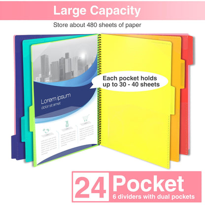 Forvencer 24 Pocket Project Organizer, 1/3-cut Tab Binder Organizer with Sticky Labels, Multi Pocket Folder with Zipper Pouch, Folder Binder Spiral Pocket Notebook, Office Supplies