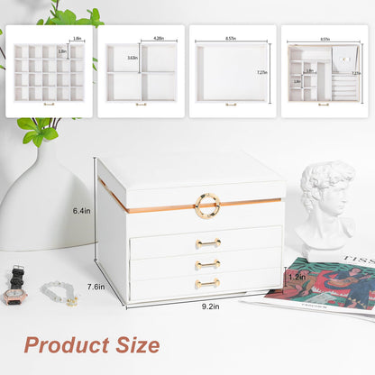 V-LAFUYLIFE Jewelry Box for Women,4-Layer Leather Jewelry Holder Organizer with 3 Drawers Large Jewelry Storage Boxes, Lots of Storage Space For Ring,Necklace,Bracelets,Earring（White）