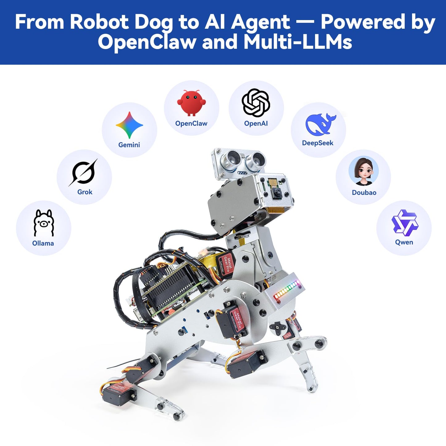 SunFounder PiDog AI Robot Dog Kit for Raspberry Pi 5/4/3B+/Zero 2W, Openclaw LLMs ChatGPT/Gemini/Grok, Voice&Video Recognition, Python, App, Battery, Gyroscope, Camera (RPI NOT Included)