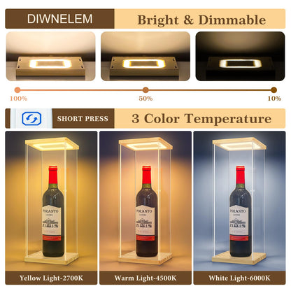 DIWNELEM Wood Acrylic Wine Bottle Display Case with LED Light Acrylic Wine Glass Holder Wine Display Case Dustproof for Red Wine,Champagne,Liquor,Whiskey,Beer,Beverage Bottle (5.1*5.1*14.2")