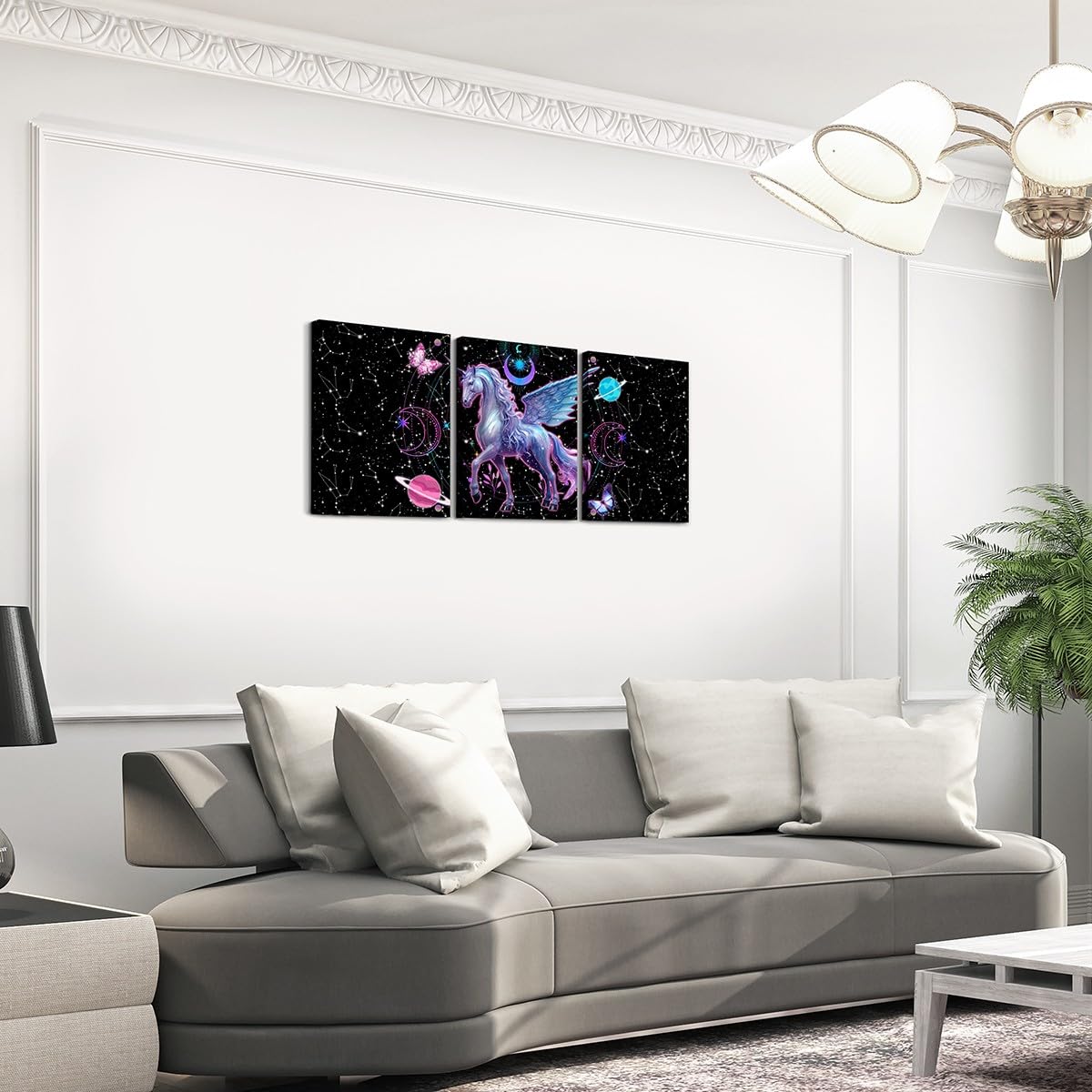 Feelyou Galaxy Unicorn 3 Piece Canvas Wall Art for Living Room Bedroom Solar System Wall Art for Home Decor Moon Star Office Wall Decor Space Outer Sky Wall Painting