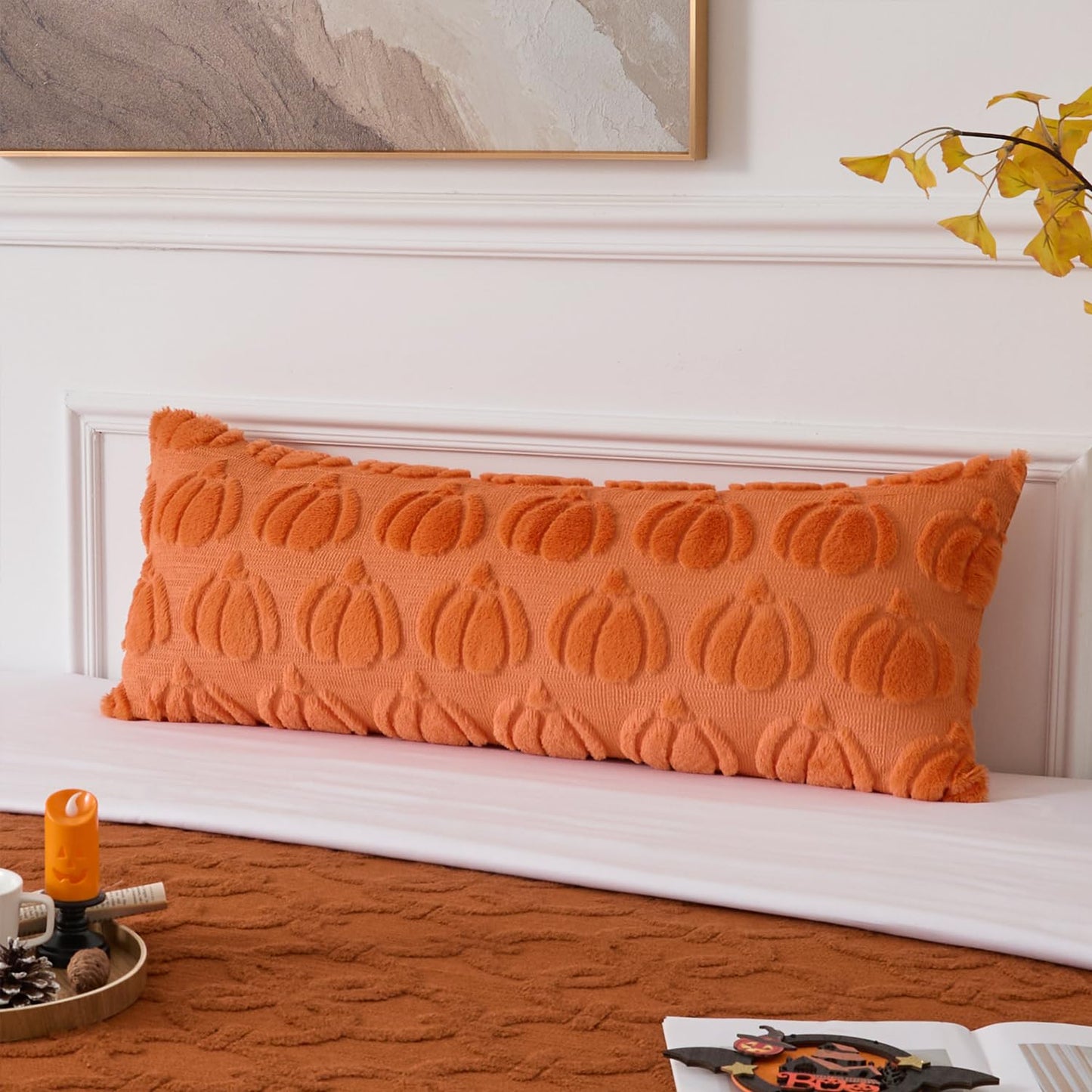 UGASA Fall Pumpkins 14x36 Inch Pillow Cover Pack of 1 Soft Plush Faux Wool Fur Large Long Rectangle Lumbar Cushion Cover Autumn Halloween Home Decor for Couch Sofa Chair Bed, Orange