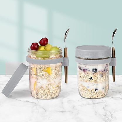 16oz Glass Mason Overnight Oats Jars, Cereal, Yogurt, Salad Lunch,Glass Overnight Oats Containers with Lids and Spoon, Container with Measurement Marks - (Grey-2Pcs)