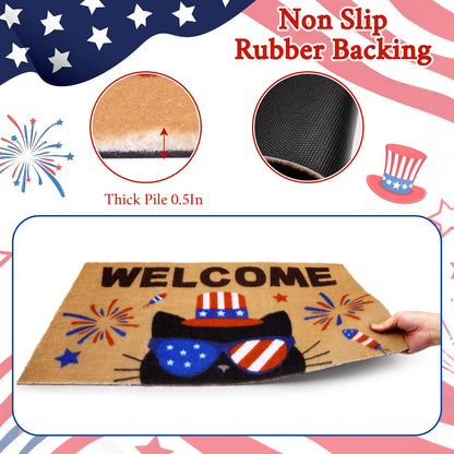 Prewplam 4th of July Patriotic Welcome Doormat- Black Cat 250th Anniversary America Coir Doormat, Front Rubber Non Slip Backing Mats for Outdoor Entryway Entrance Porch Patriotic Decor,73 x 43
