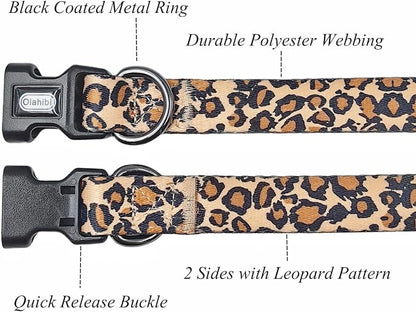 Dog Collar Leash Set, Leopard Pattern, Polyester Material, Adjustable Collar and 5ft Matching Leash, for Medium Dogs.(M, Brown Leopard)