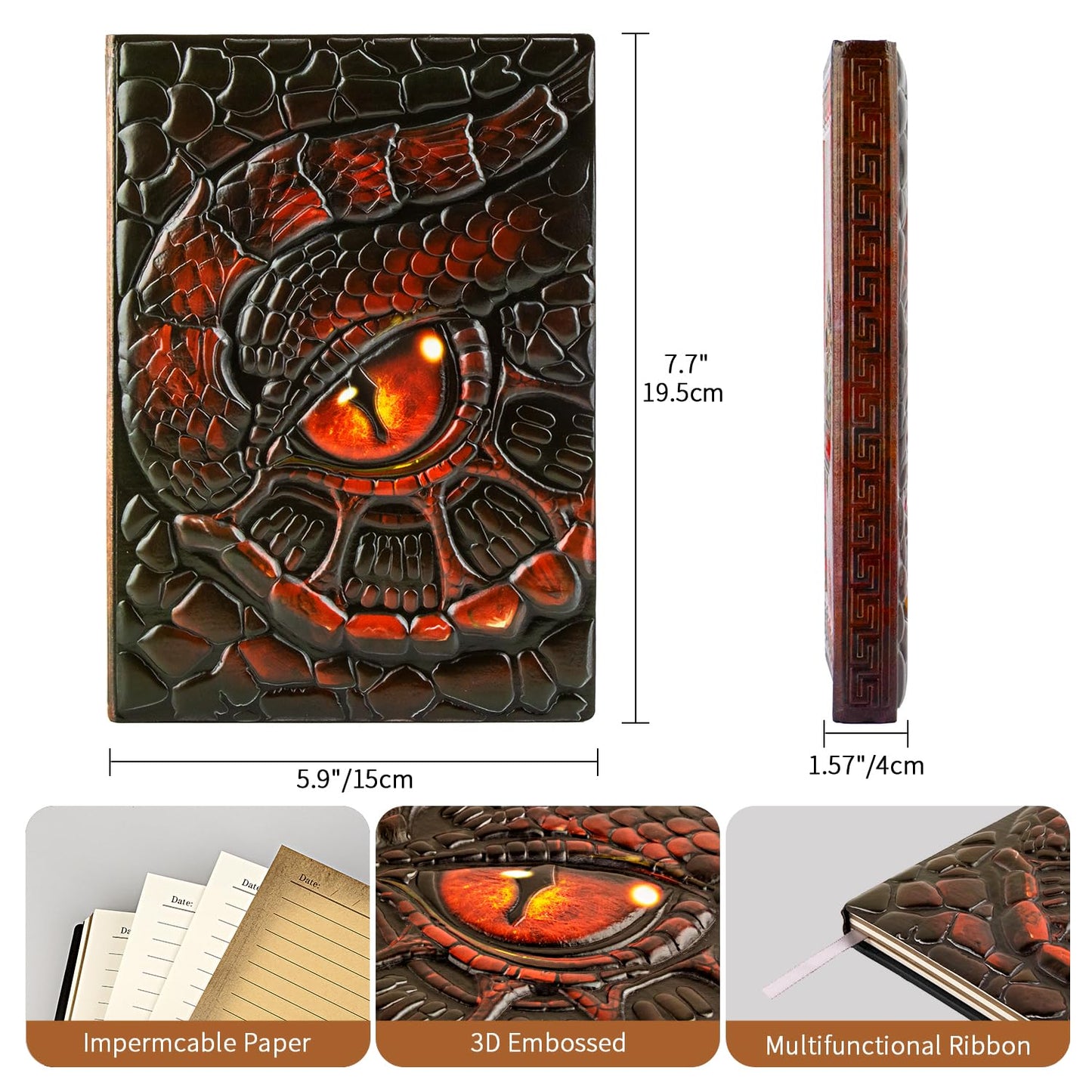 FEIDIAO Vintage Dragon Eye Notebook DND Embossed Notebook, 3D PU Leather Travel Journal with Ballpoint Pen & Pen Sleeve,Hardcover A5 Journal,Hardcover Liner Diary,Writing Gift for Men&Women (Red)