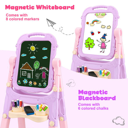 Kids Double Sided Art Easel for Toddlers Magnetic White Board Chalk Board with Painting Accessories Adjustable Stand Drawing Educational Learning Toys - Age 3 4 5 Year Old Girl Birthday Gifts Pink